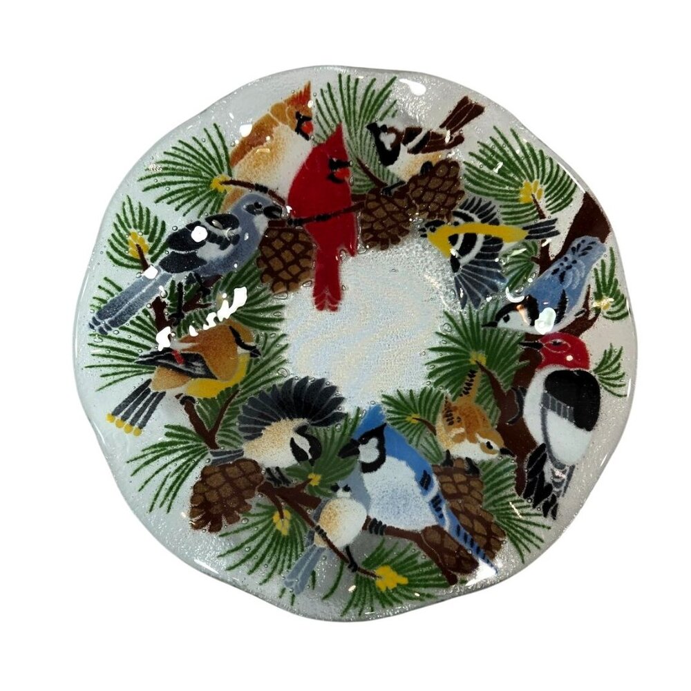Peggy Karr Fused Glass Decorative Serving Bowl 10.5" Birds Pine Holiday Winter